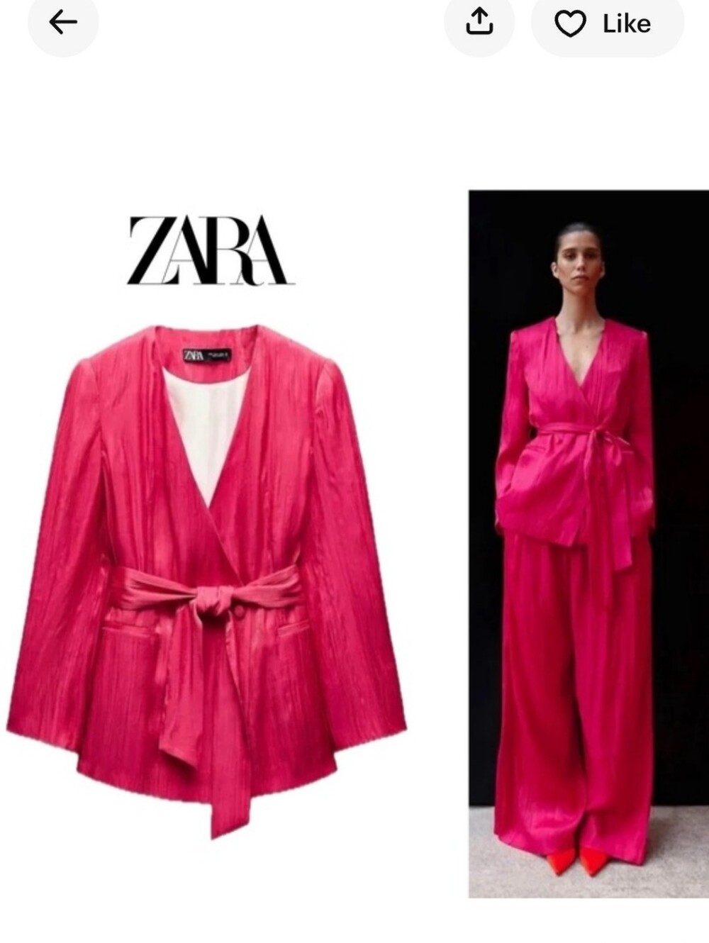 Zara Hot Pink Wrinkle Effect Blazer with Self-Tie-set